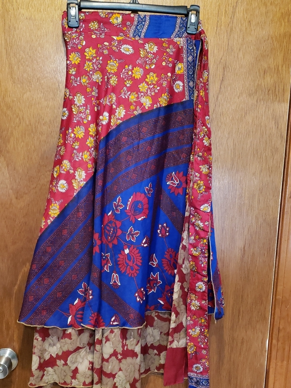 Boho Reversible Floral Multi-Panel Silk Wrap Skirt - Red & Blue